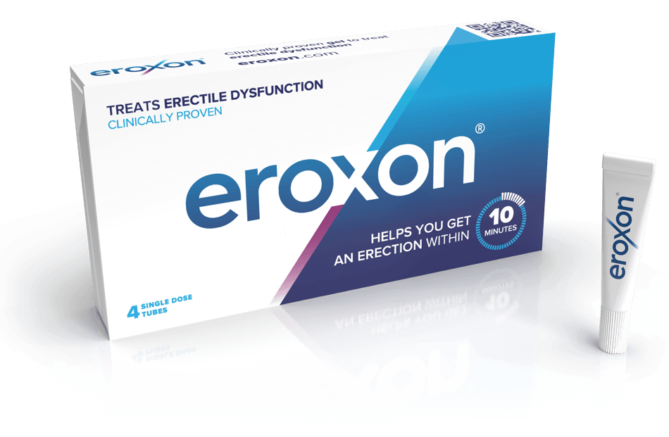 A box of Eroxon erectile dysfunction treatment, with a tube of stimgel stood upright next to the box.