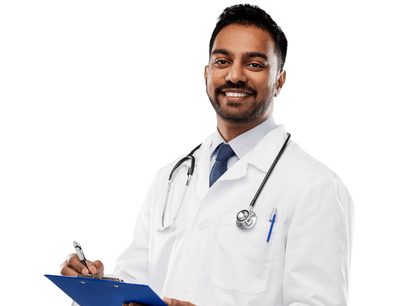A male doctor with a clipboard.